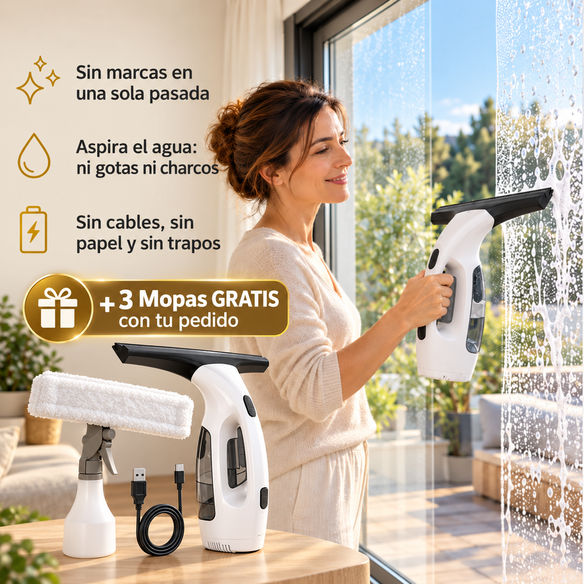 Kit limpiacristales eléctrico sin cables · Cristales sin marcas de una pasada