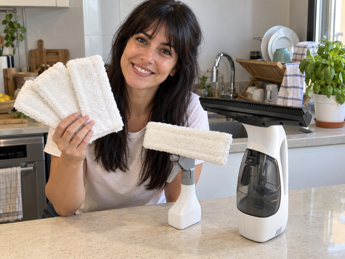 Kit limpiacristales eléctrico sin cables · Cristales sin marcas de una pasada